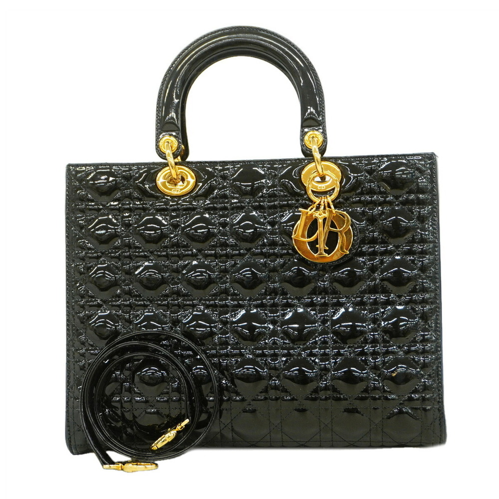 Christian Dior Cannage Lady handbag, black enamel, 2-way bag for women.
